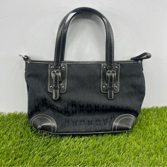 Fossil Black Leather Monogrammed Fabric Canvas Small Tote Satchel Handbag Purse - Picture 1 of 14